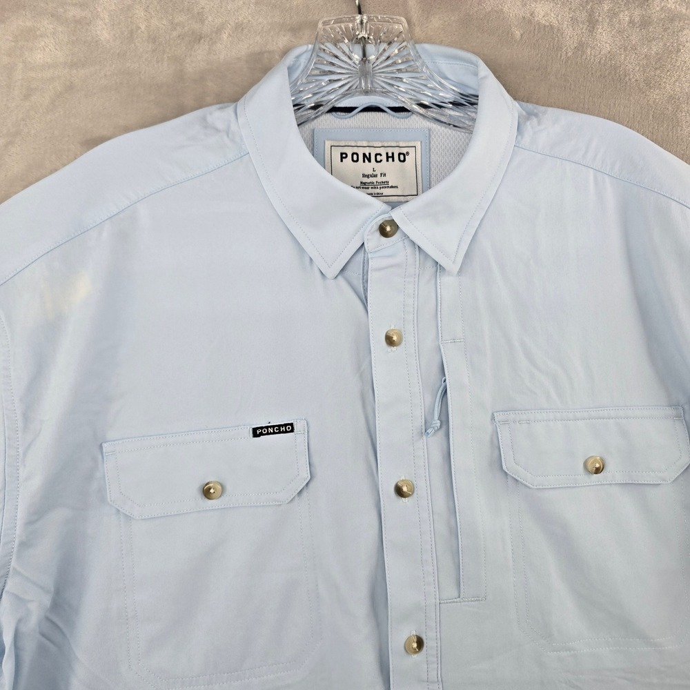 Poncho Fishing Shirt Mens Large Blue Short Sleeve Magnetic Pockets Regular Fit